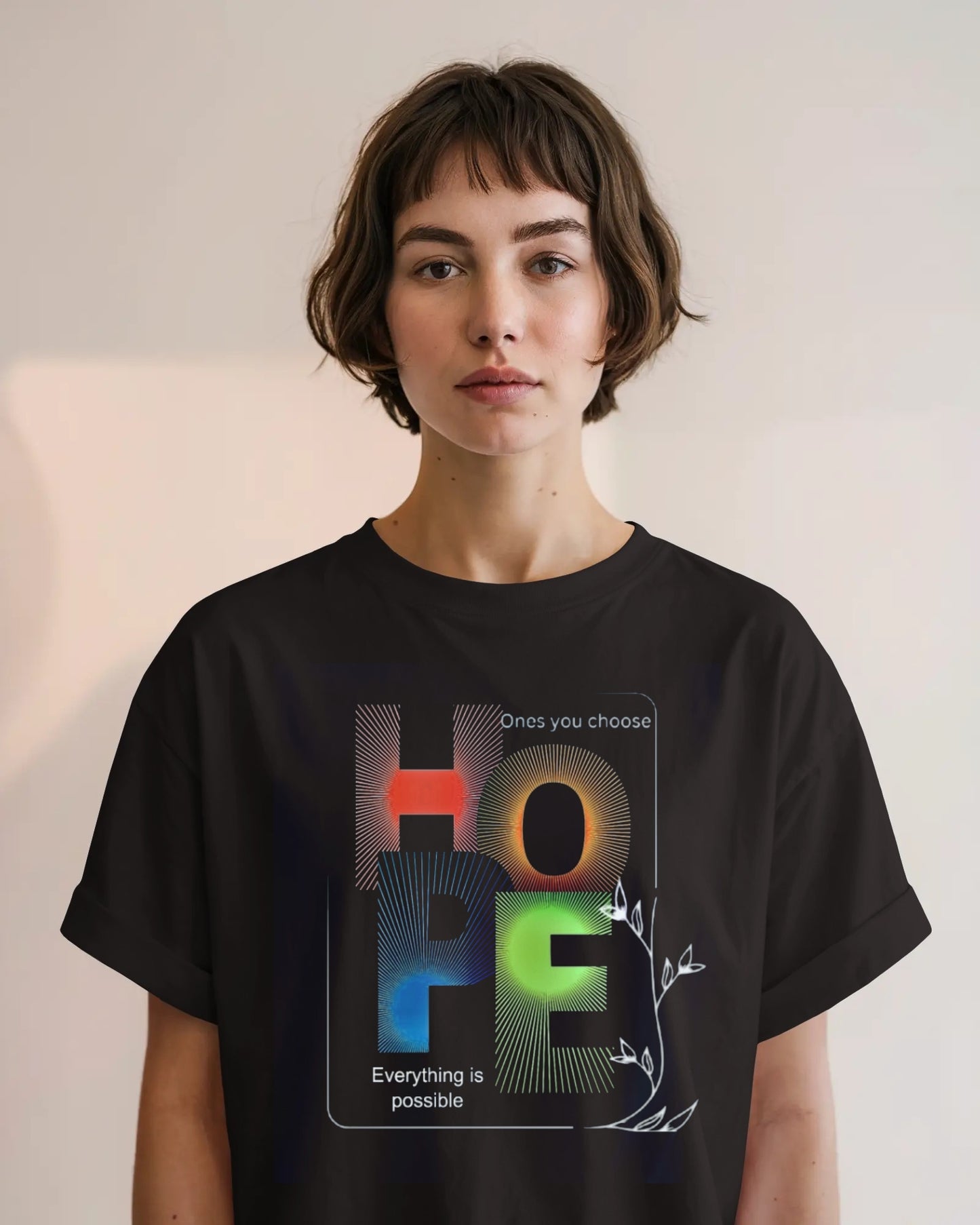 Black Oversized T-Shirt with Multicolor “HOPE” Motivational Print