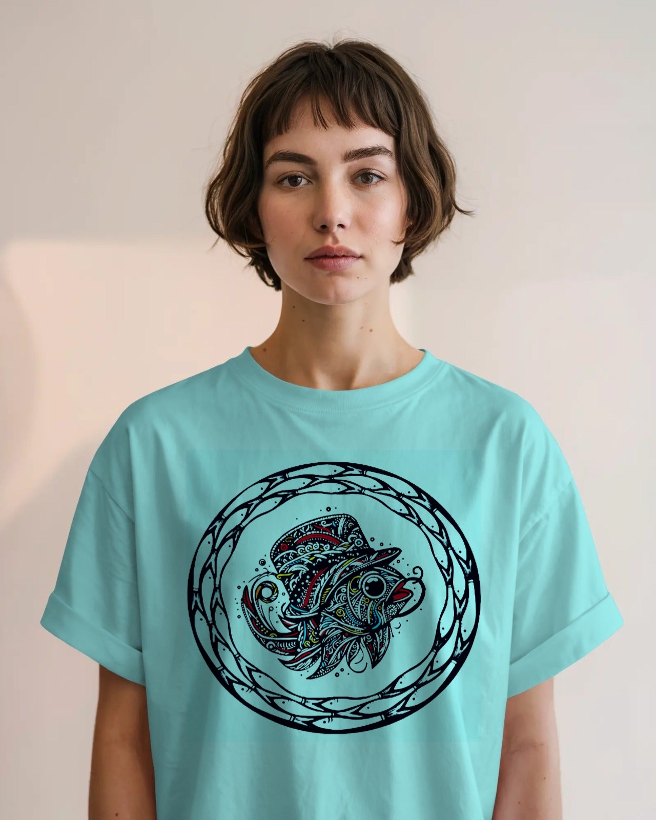 Sky Blue Oversized T-Shirt with Artistic Fish Design