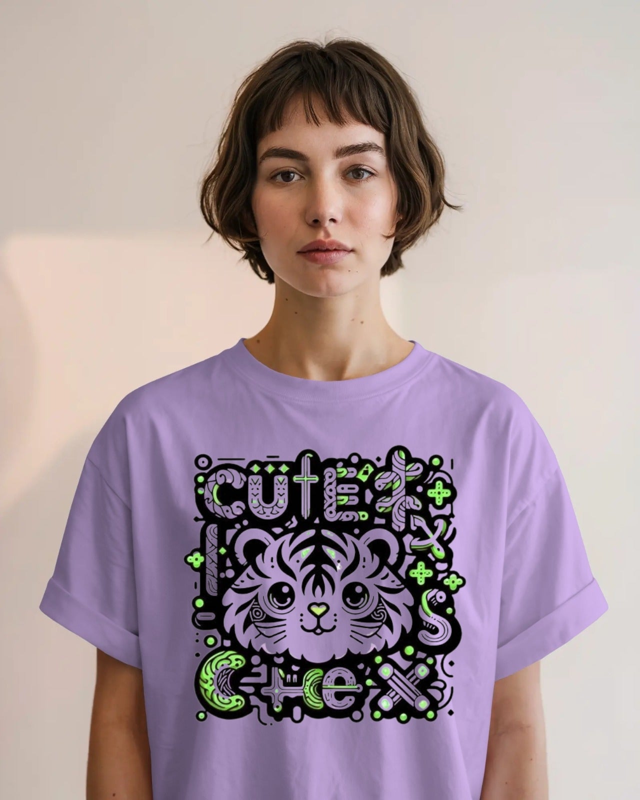 Lavender Oversized T-Shirt with "Cute Tiger" Neon Graphic