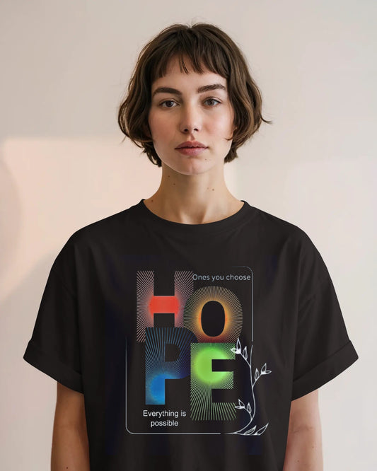Black Oversized T-Shirt with Multicolor “HOPE” Motivational Print