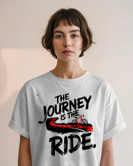 White Oversized T-Shirt with "The Journey is the Ride" Bicycle Graphic