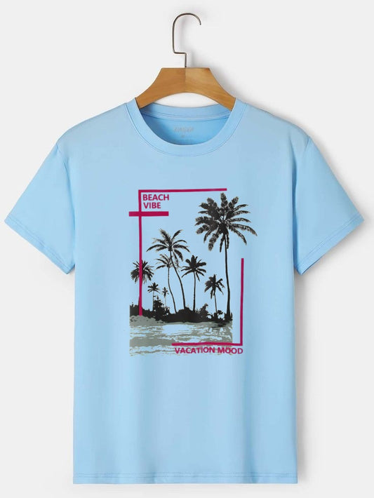Sky Blue Graphic T-Shirt – "Beach Vibe, Vacation Mood" Print