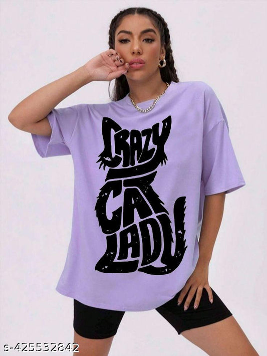 Women's Oversized Lavender T-Shirt – "Crazy Cat Lady" Graphic Print