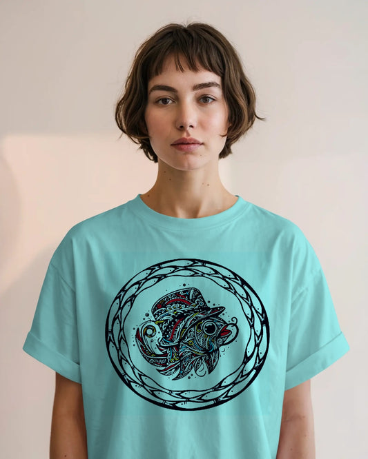 Sky Blue Oversized T-Shirt with Artistic Fish Design