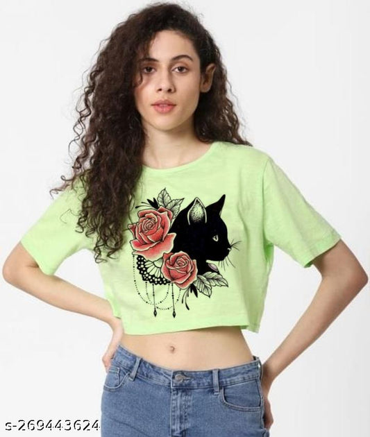 Women's Lime Green Crop Top – Black Cat & Rose Graphic Print